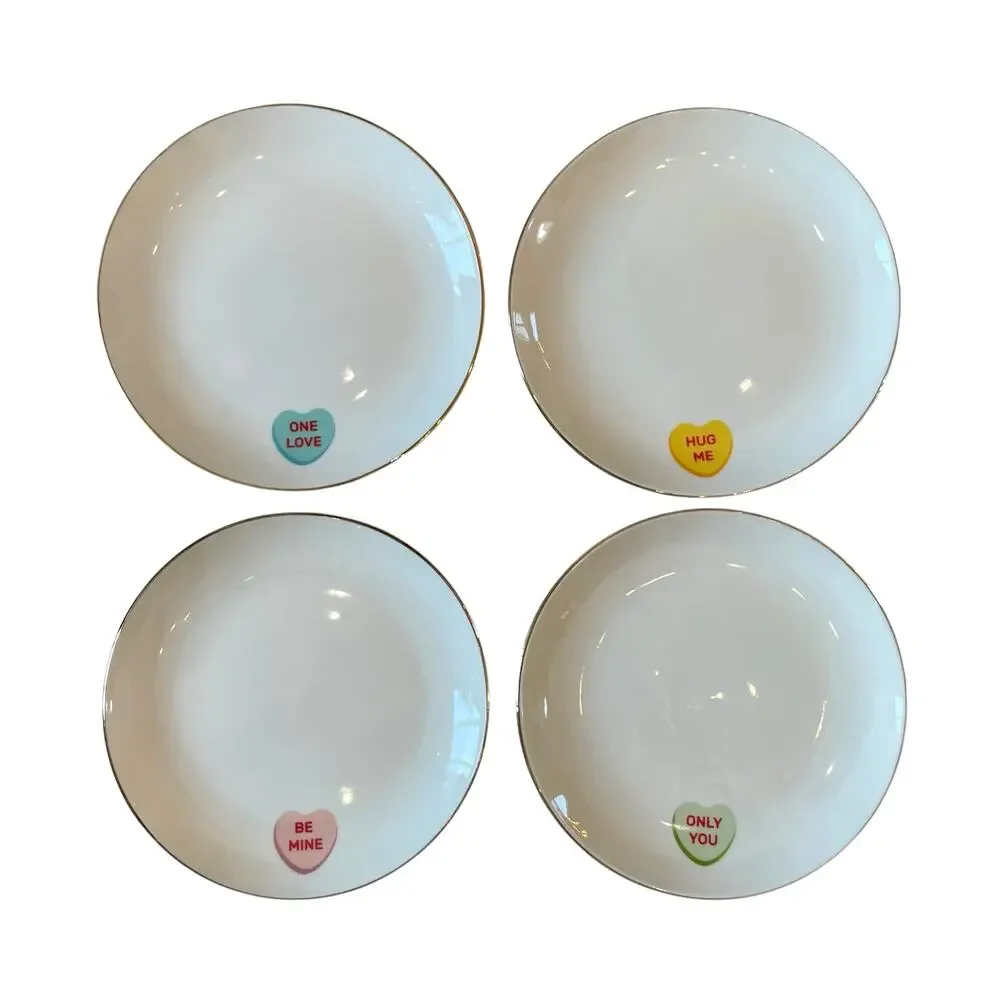 Medici Valentine Conversation Heart Appetizer Plates 6in Ceramic Set of 4 NEW